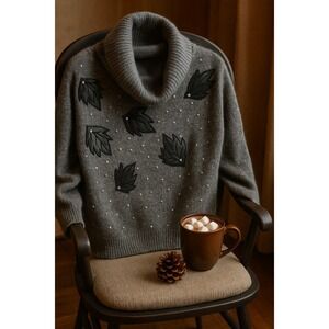 ERIKA L Embellished Cowl Neck Sweater Gray Angora Rabbit Hair Pearl Leaves Vtg